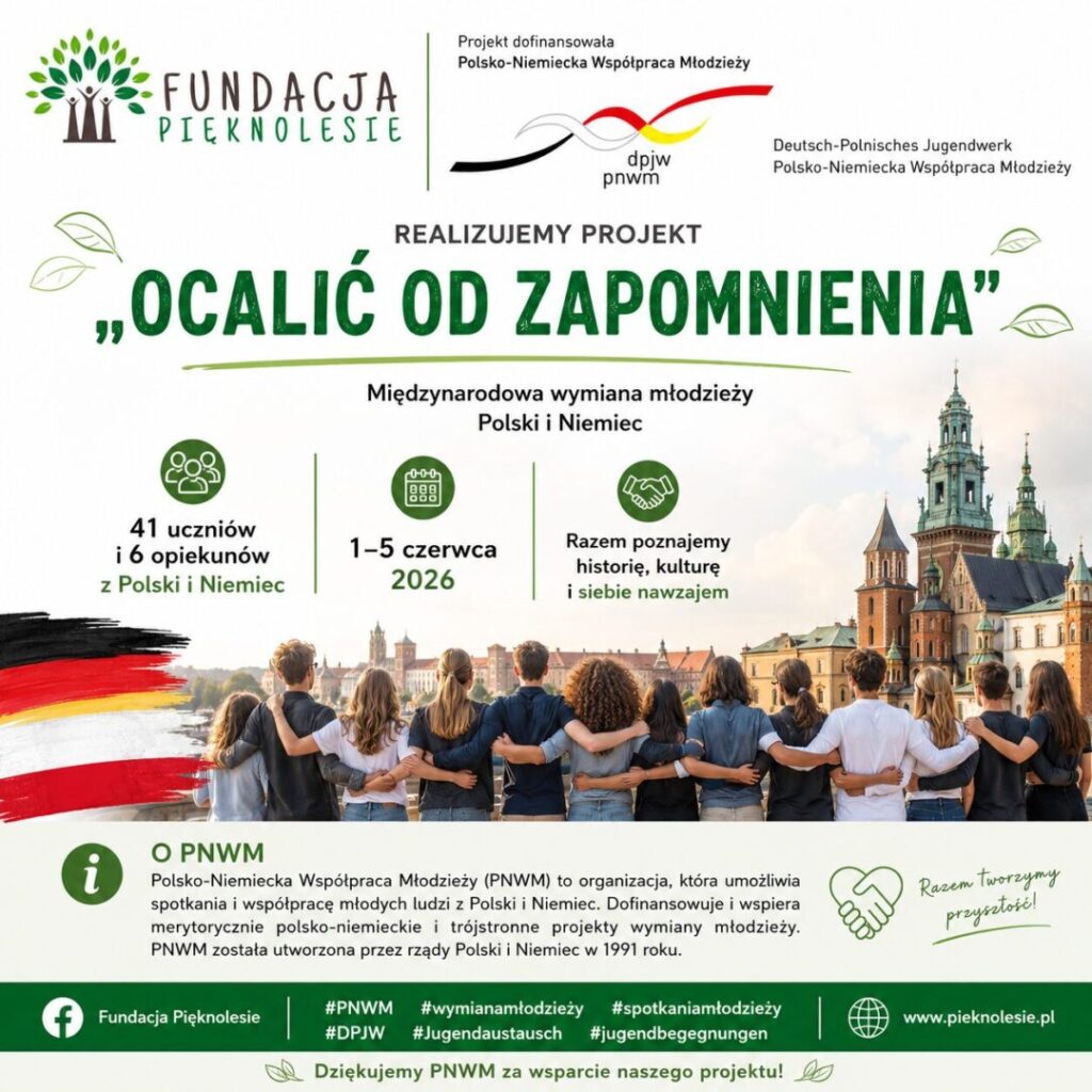 Grupa młodzieży obrócona plecami do widza ze splecionymi ramionami za plecami na tle starego miasta w Krakowie